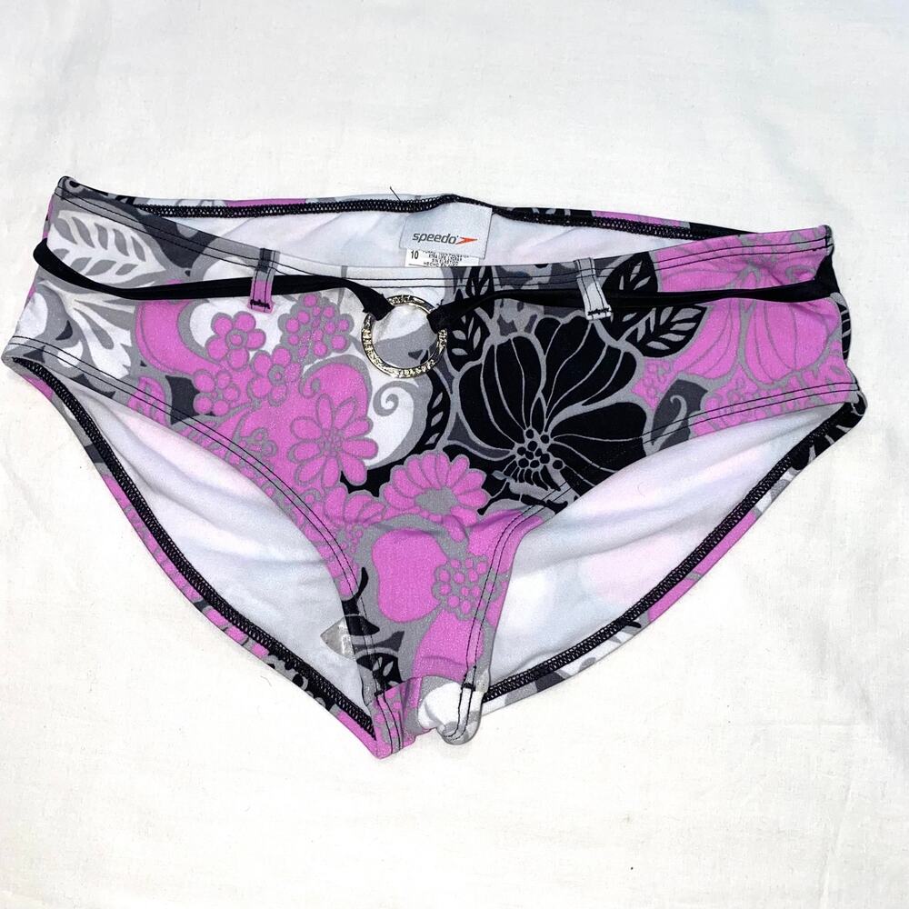 Speedo 10 Pink/Black‎ Floral Bikini Bottom with Silver Logo Medallion